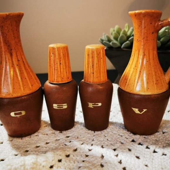 Vintage MCM Cruet Set Oil and Vinegar Salt and Pepper Set - Picture 6 of 13
